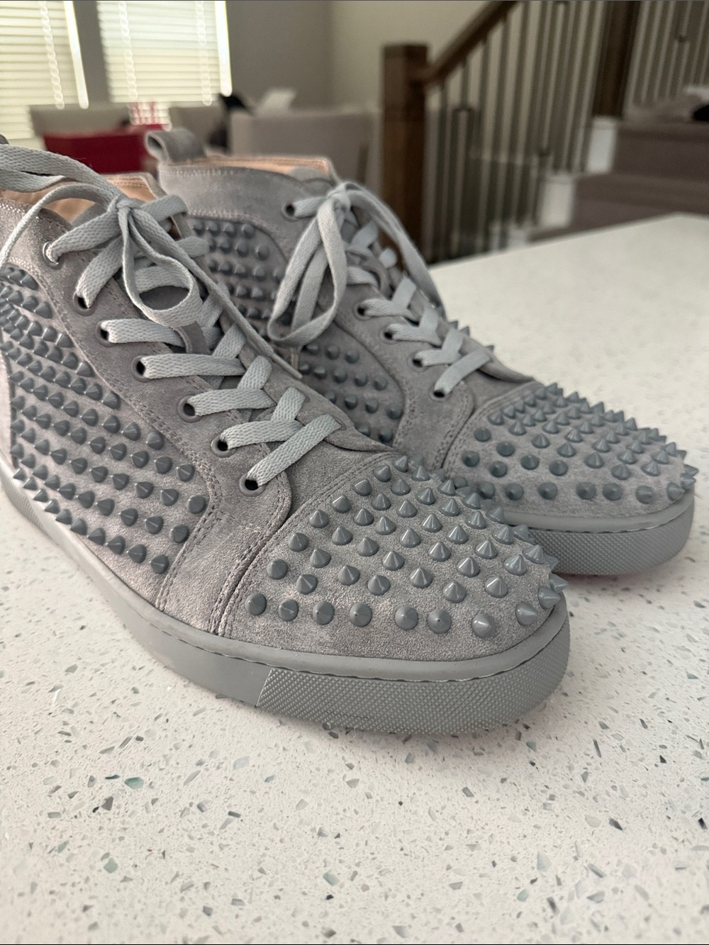 Christian Louboutin Grey Suede Spike-Stud High-Top Sneakers